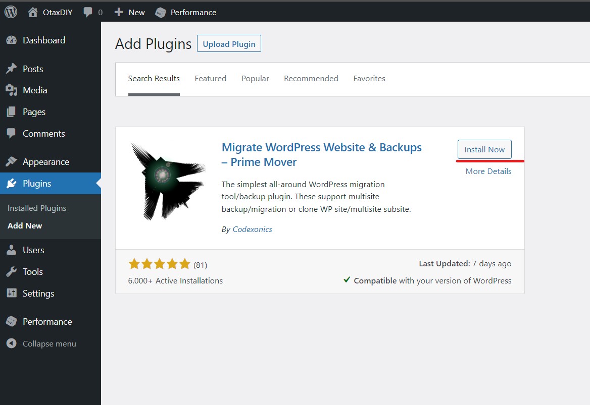 A screenshot of the Plugins -> Add New page on the WordPress Admin Dashboard highlighting the 'Install Now'-button on the Prime Mover-plugin