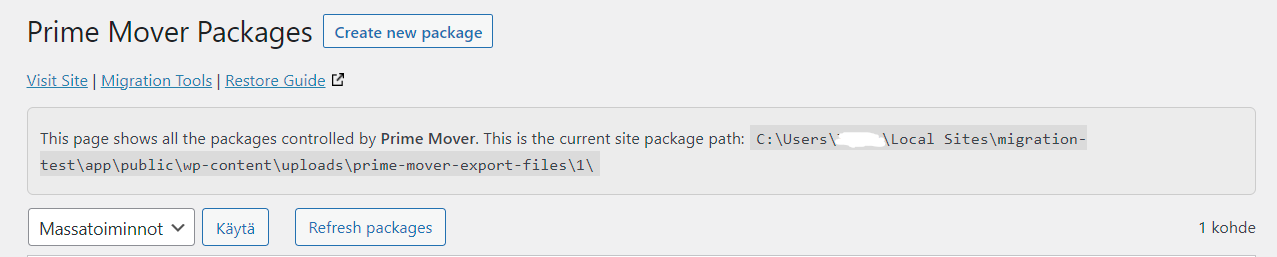 A screenshot of the Prime Mover Packages page on the WordPress Admin Dashboard showing the upload path