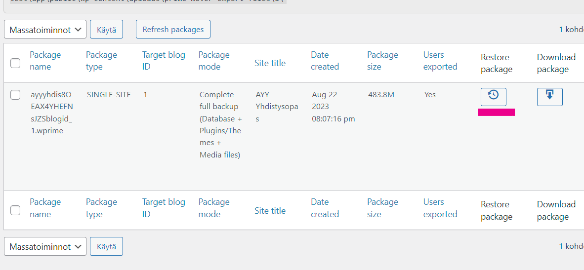 A screenshot of the Prime Mover Packages page on the WordPress Admin Dashboard highlighting the "Restore"-button of the package