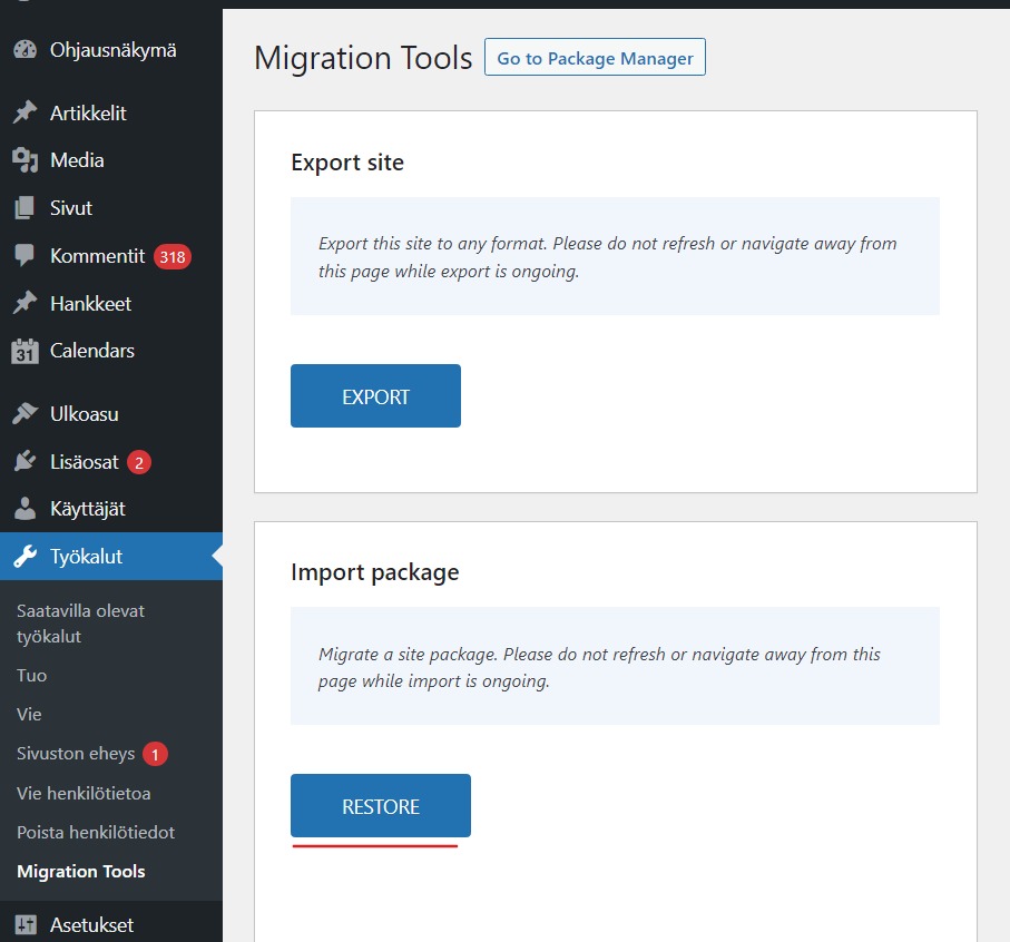 A screenshot of the Tools -> Migration Tools page on the WordPress Admin Dashboard highlighting the "Restore"-button