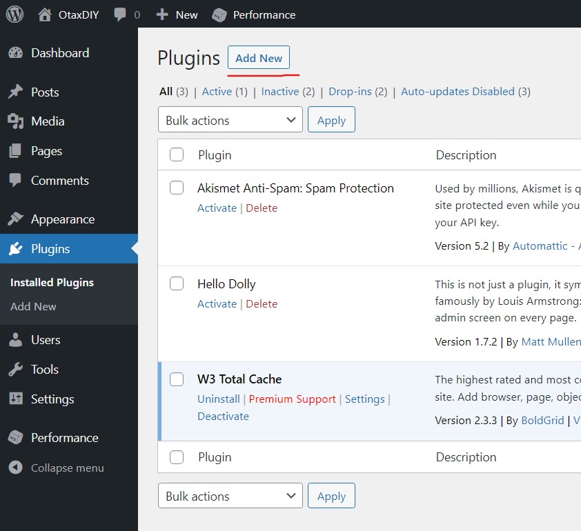 A screenshot of the Plugins -> Installed Plugins page on the WordPress Admin Dashboard highlighting the 'Add New'-button